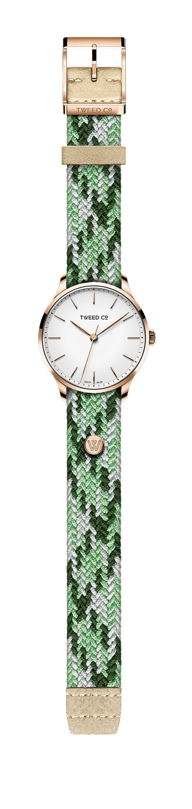 Montre Margot pour femme avec bracelet tressé vert et boîtier or rose