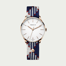 Montre Tweed Co. 40 mm avec bracelet tressé bleu-blanc-rouge Louis, boîtier acier et cadran blanc